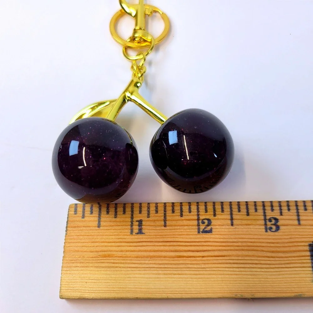 Cherry Bag Charm Glitter Resin Gold Hardware Dark Purple Womens Goth Whimsical
